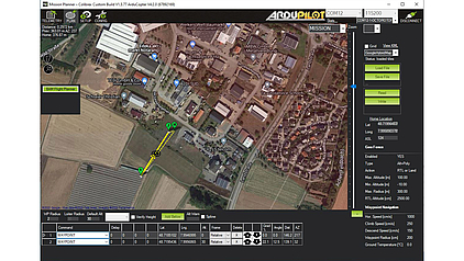 Screenshot of AMU drone mission management software, showing a detailed map view and flight planner.
