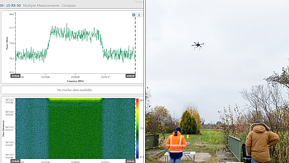 AMU drone measuring microwave signals, with results displayed on detailed software analysis screens.