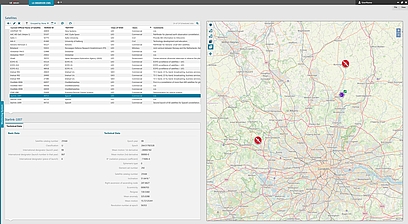 Display listing all satellites in the database with their details. Additional map view showing the predicted  locations of the individual satellites.