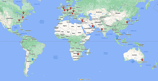 A world map showcasing LS telcom’s global office locations with marked pins. 