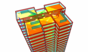 3D outline of skyscraper with floor-level signal analysis, focusing on the top floor, showing color-coded signal strengths in green, yellow, and orange.