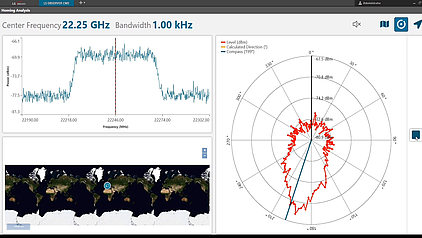Screenshot showing AMU drone software performing homing analysis with center frequency and bandwidth details.