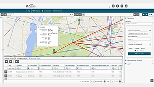 User interface of spectrum management tool showing interference and coexistence analysis on a geographic map